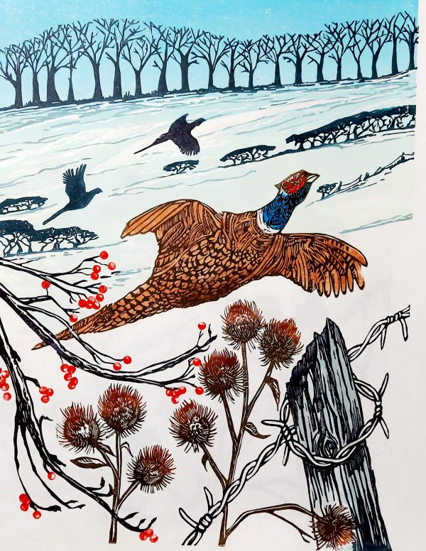 Winter Pheasant Original Linocut Print