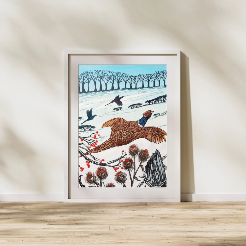 Winter Pheasant Original Linocut Print