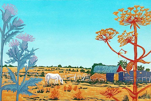 Original linocut reduction method of a dry field with a single horse grazing under a bright blue sky by Dehlia BArnard-Edmunds AKA The Merryweather Artist