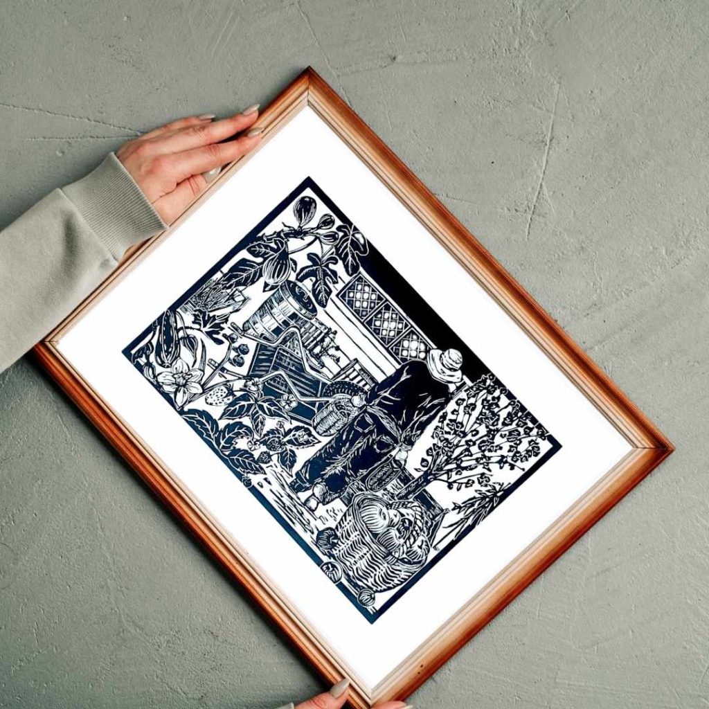 Abundance - Limited Edition Linocut Print of a Gardener on the Allotment