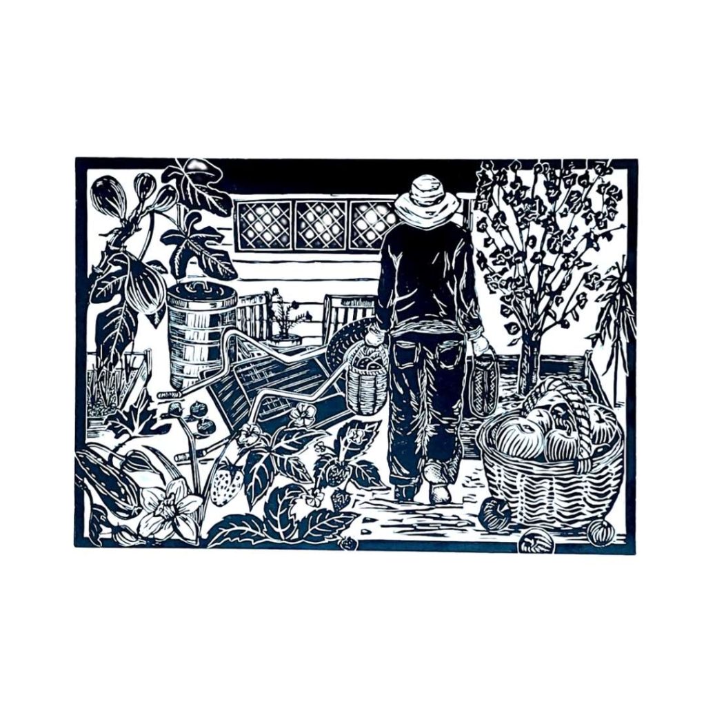 Abundance - Limited Edition Linocut Print of a Gardener on the Allotment
