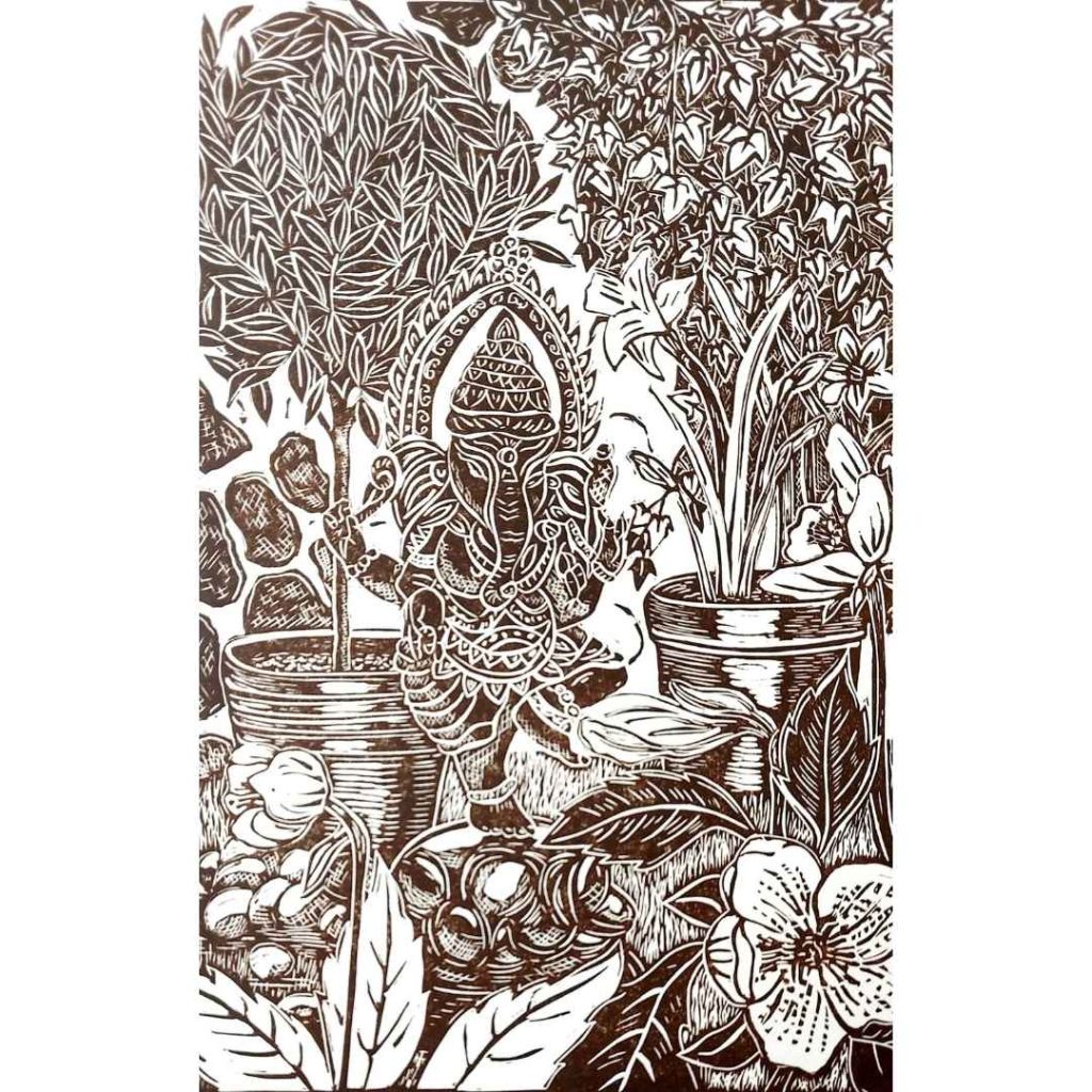 Corner of the Garden Original Linocut Monochrome Print