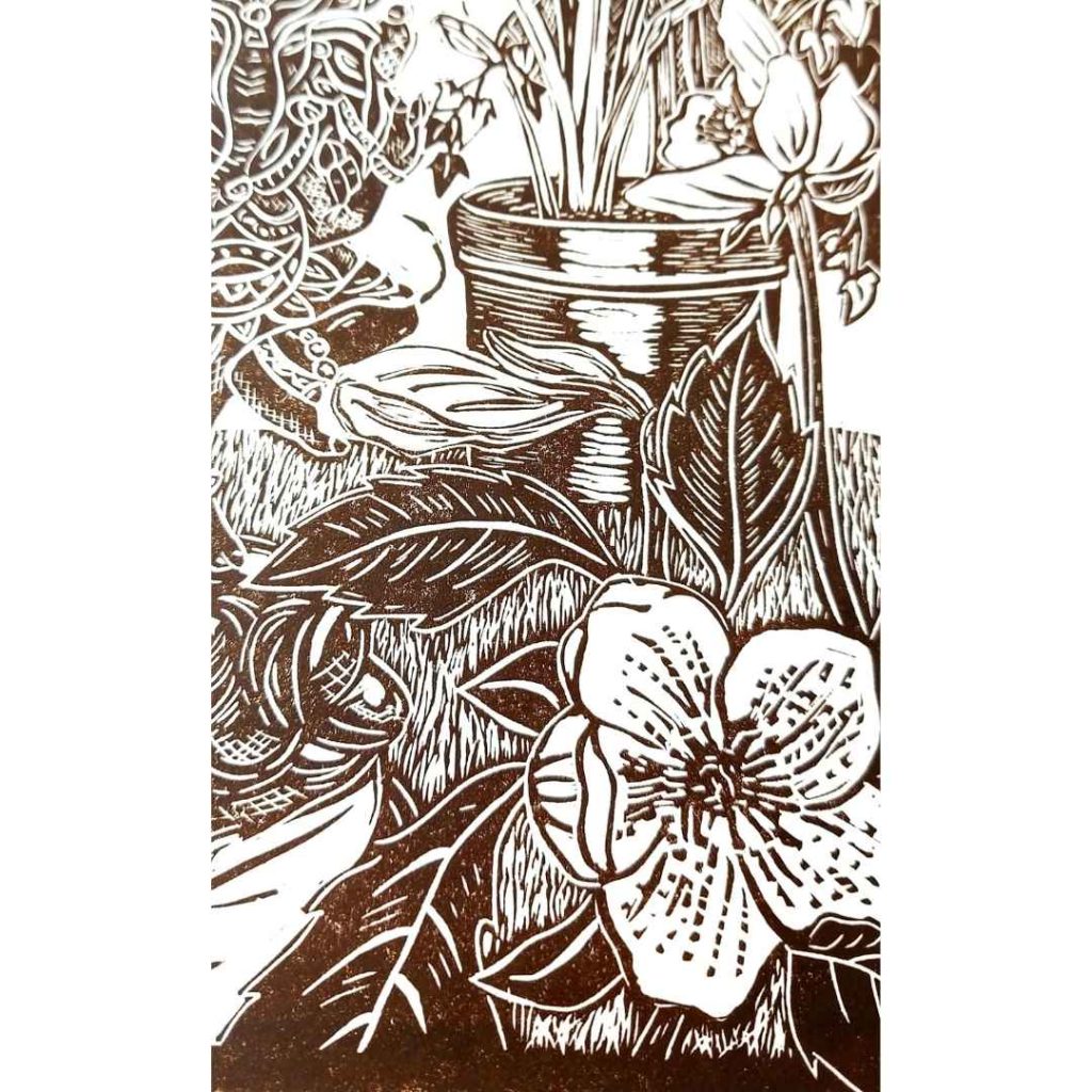 Corner of the Garden Original Linocut Monochrome Print