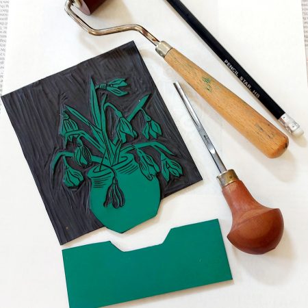 Japanese lino plate cut in two to demonstrate the jig saw printing method by Dehlia Barnard-Edmunds
