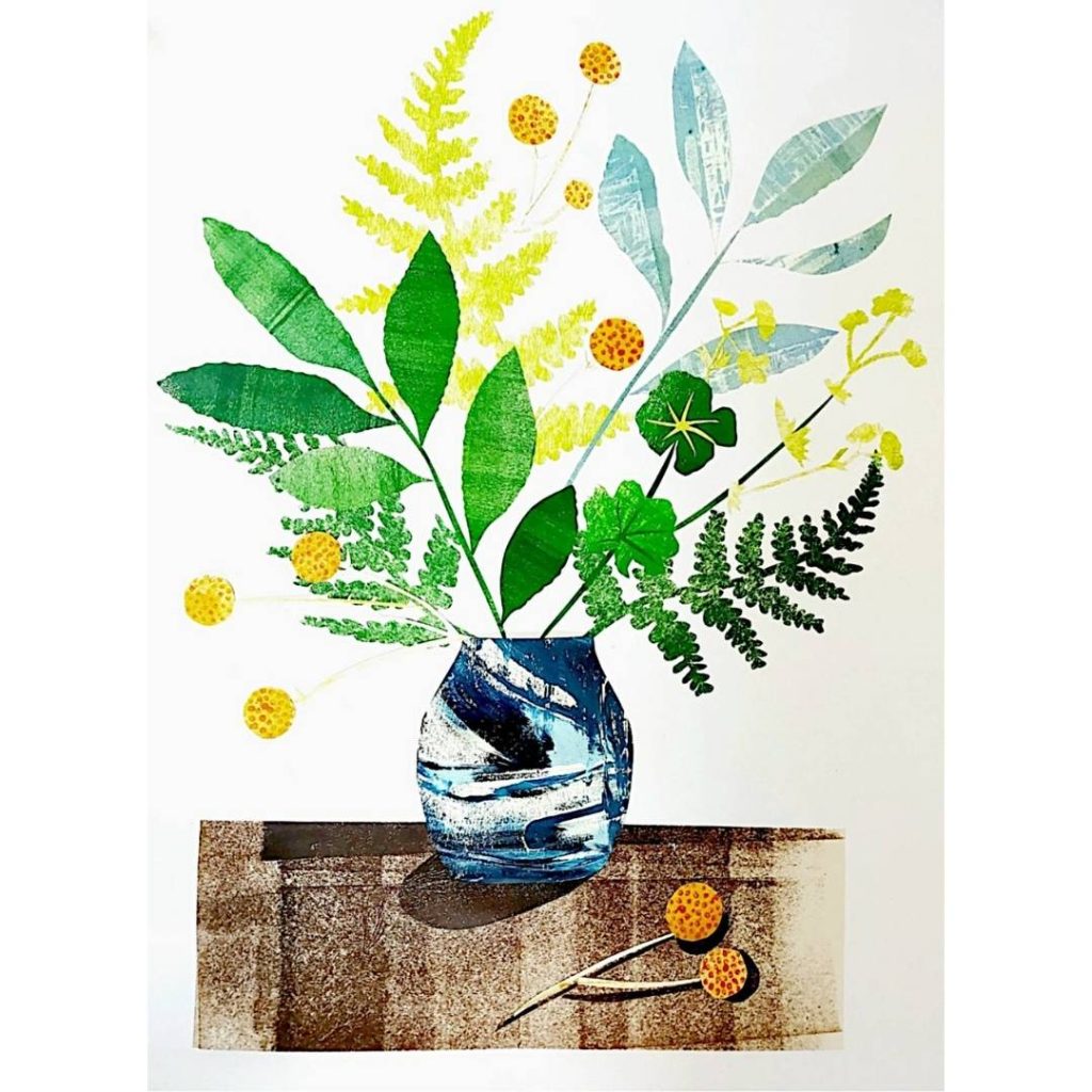 Collage of blue and white swirl glazed pot with Spring foliage