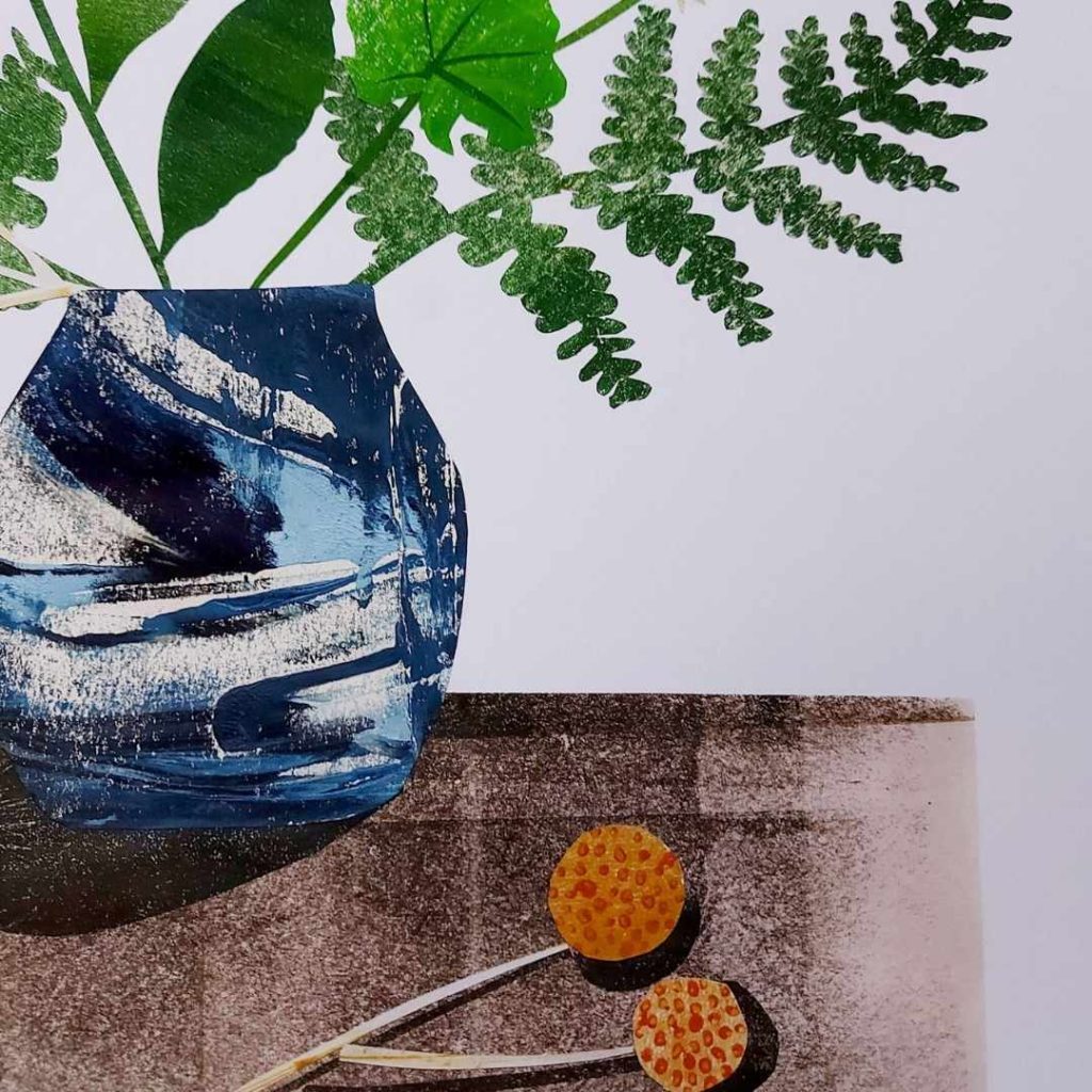 Detail of collage of a blue pot with foliage and orange flowers by the side by artist Dehlia Barnard-Edmunds