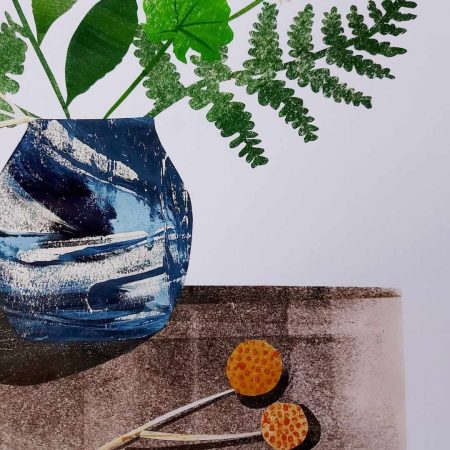 Detail of collage of a blue pot with foliage and orange flowers by the side by artist Dehlia Barnard-Edmunds