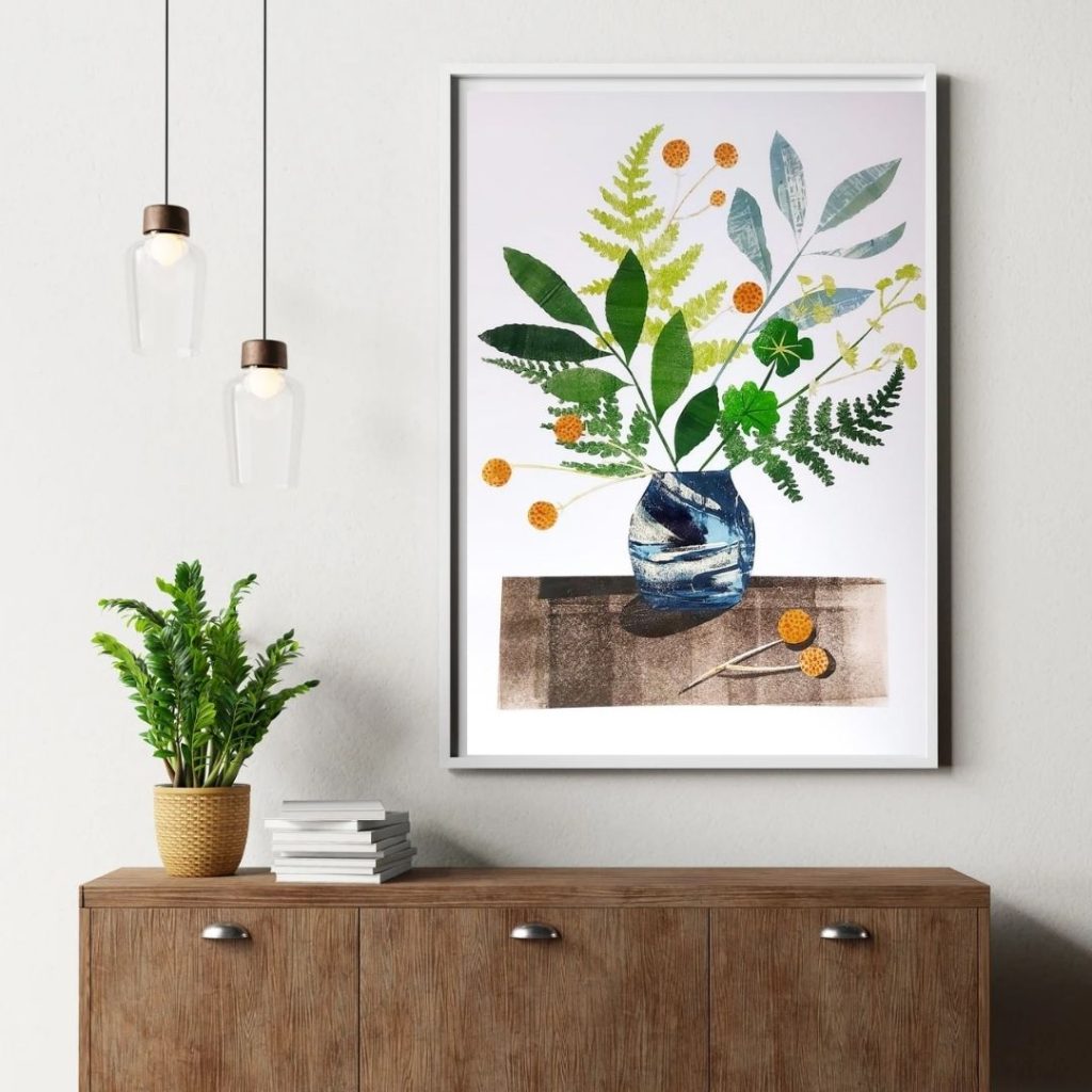 Raku Fired Pot Collage Print with Flowers