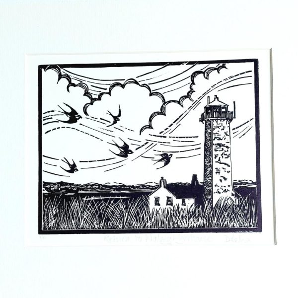 Original Monochromatic Linocut Print of Walney Lighthouse, Cumbria