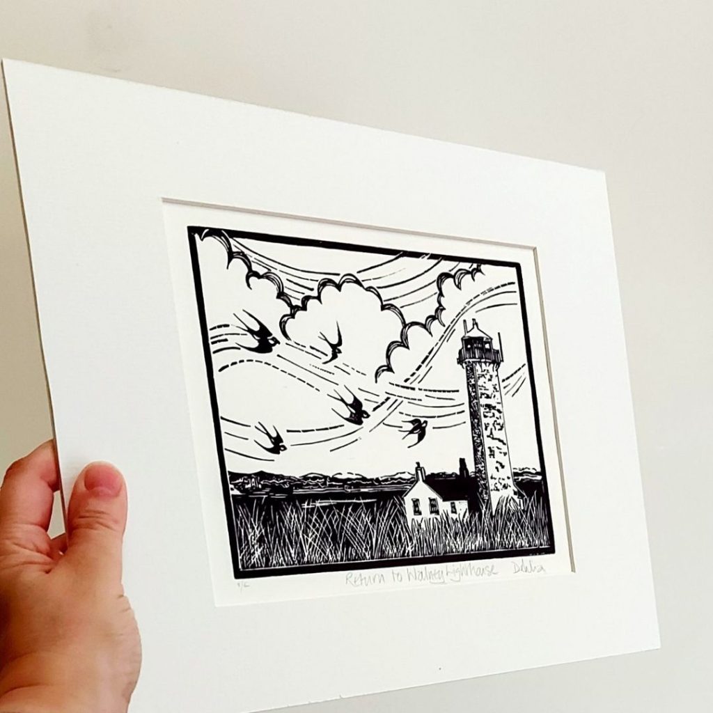 Original Monochromatic Linocut Print of Walney Lighthouse, Cumbria