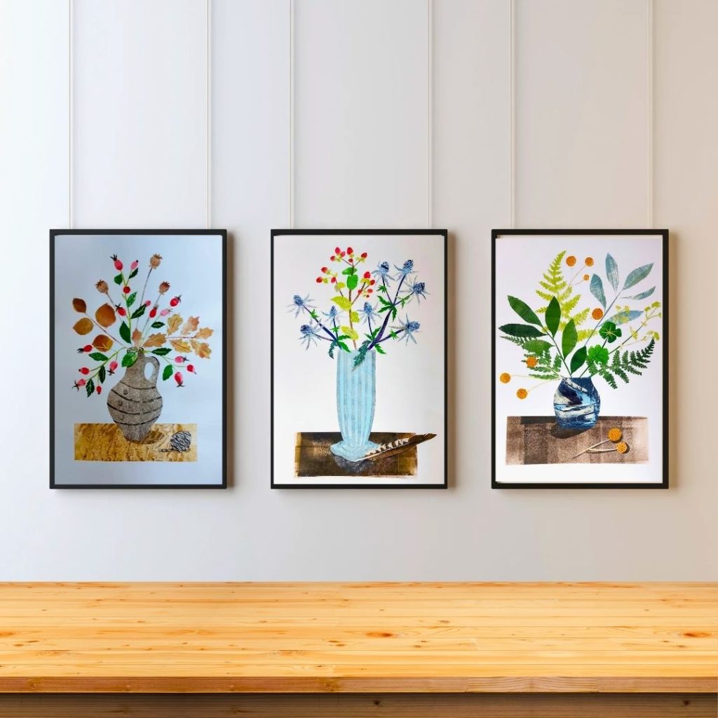 Raku Fired Pot Collage Print with Flowers