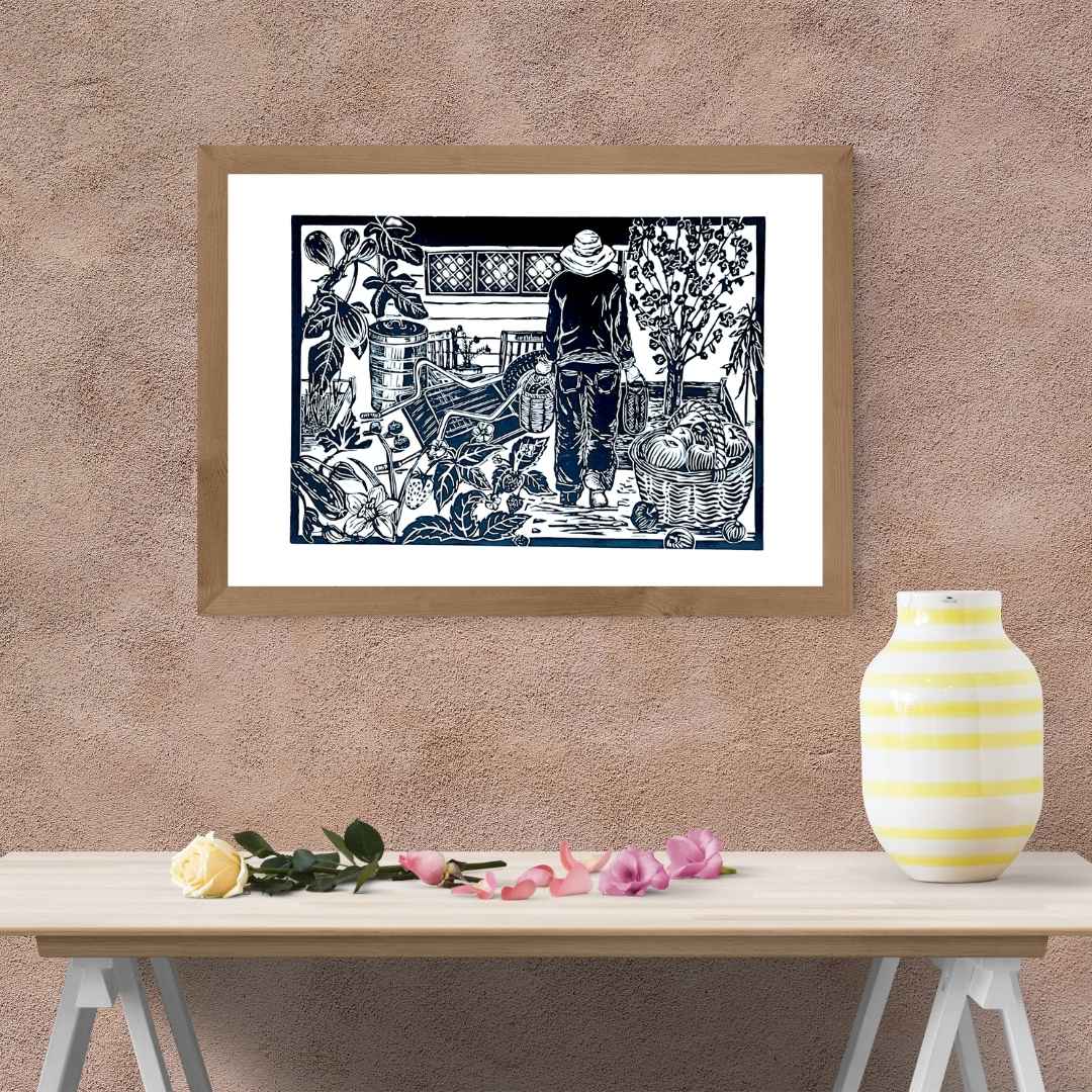 Abundance - Limited Edition Linocut Print of a Gardener on the Allotment
