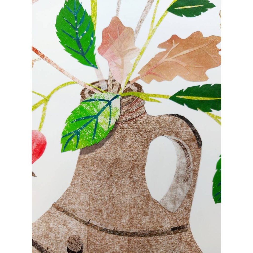 Detail of a collaged pot with green and brown leaves arranged inside it by Dehlia Barnard-Edmunds