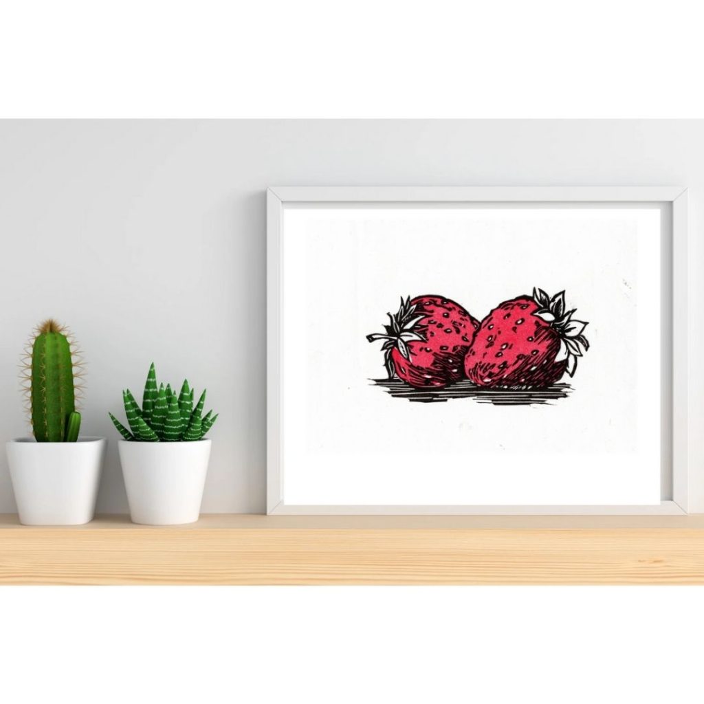 Strawberries Original Linocut Print