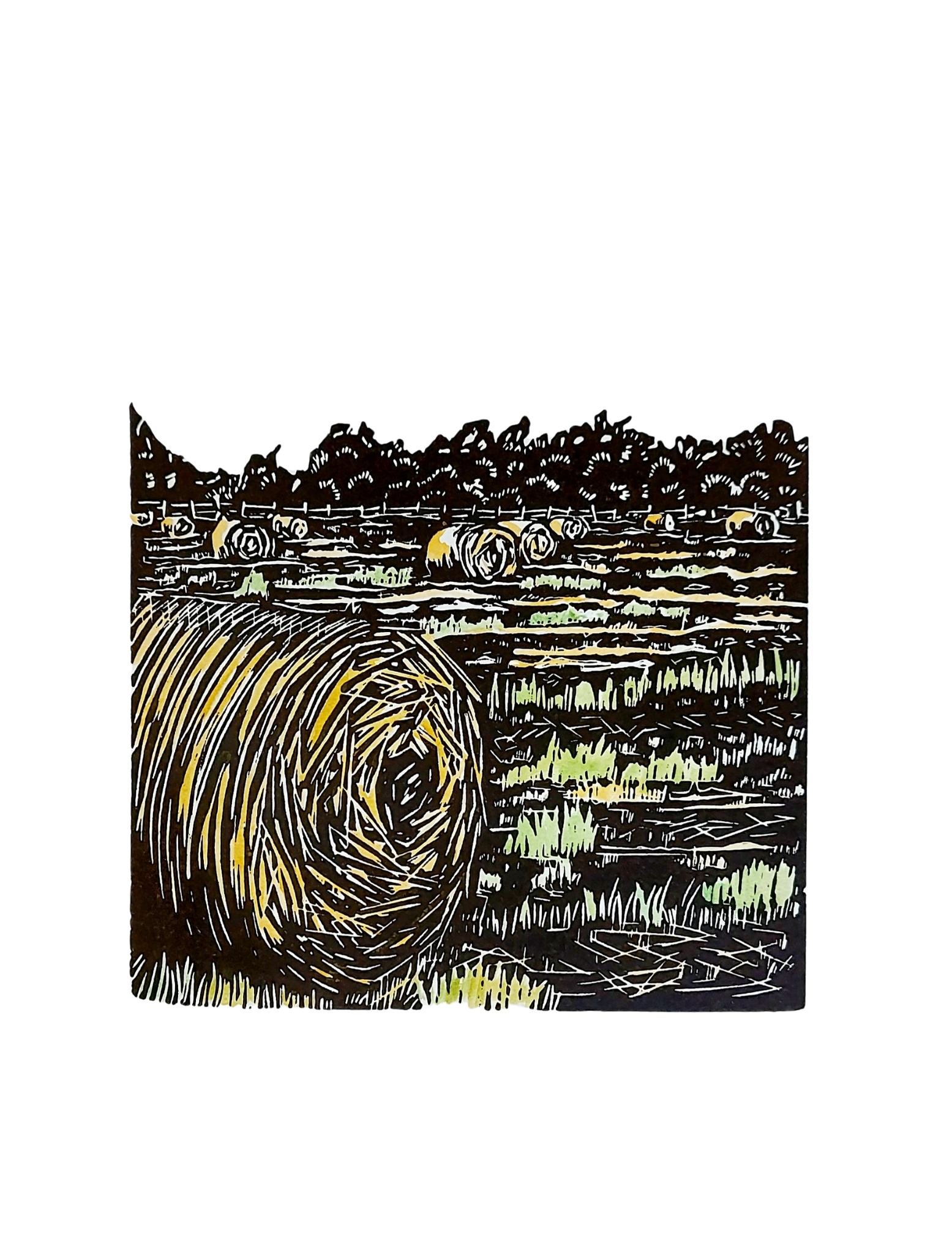 Original Linocut Print of a field of Hay Bales under an open sky rural landscape by Dehlia Barnard-Edmunds AKA The Merryweather Artist