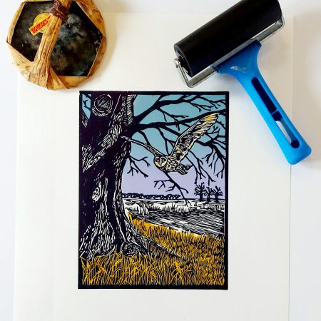 Briefly Encountered: Barn Owl Original Linocut Print - Owl by Riverside Tree - Image 2