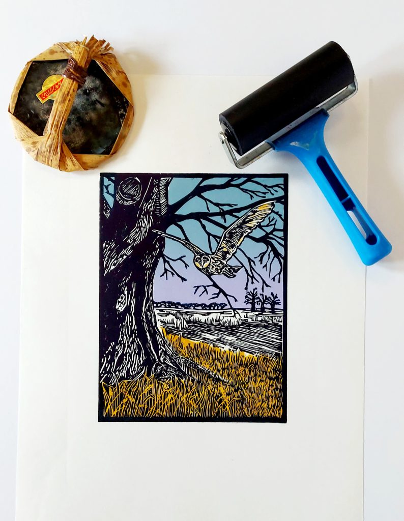 Briefly Encountered: Barn Owl Original Linocut Print - Owl by Riverside Tree