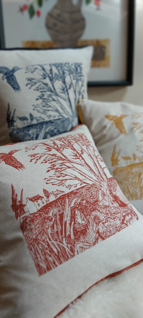Hand Screen-Printed Cushions-Original Linocut Design