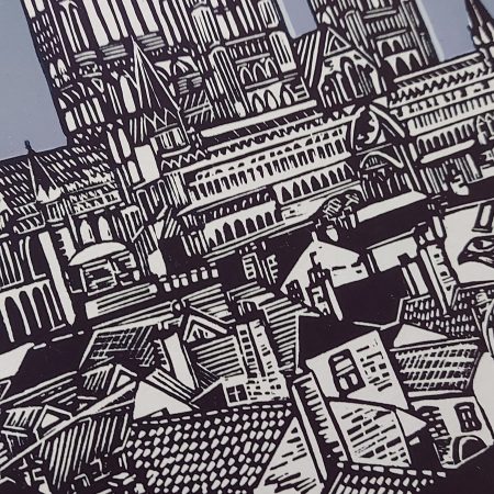 Close up of a linocut print of Lincoln Cathedral by Printmaker Dehlia Barnard-Edmunds