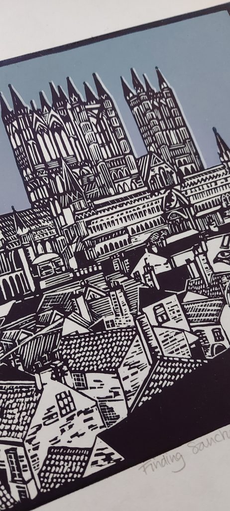 Close up of a linocut print of Lincoln Cathedral by Printmaker Dehlia Barnard-Edmunds
