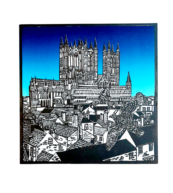 An Original Linocut Print by Dehlia Barnard-Edmunds of Lincoln Cathedral with blue background and black detail