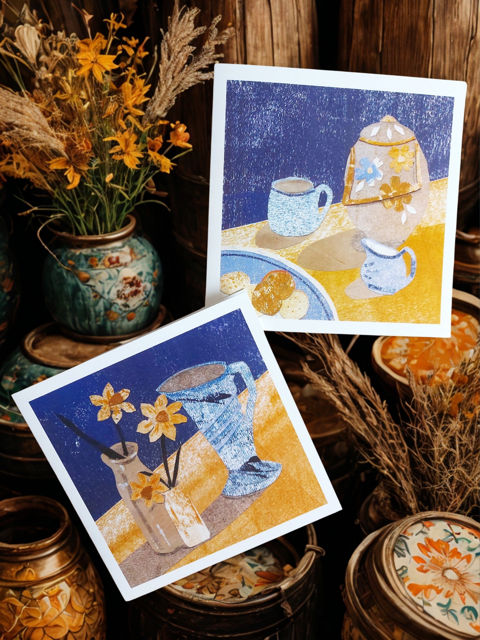 Two greetings cards featuring vintage pottery in collage by Dehlia Barnard-Edmunds AKA The Merryweather Artist against a background of vintage vessels.