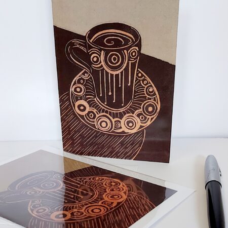 Two blank greeting cards depicting a vintage coffee cup from an original lino print by Dehlia Barnard=Edmunds AKA the Merryweather Artist
