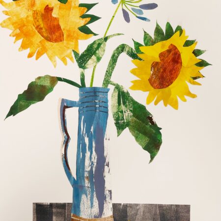 Collage Print of two yellow sunflowers and an agapanthus in a tall blue vintage jug from an original art collage by Dehlia Barnard-Edmunds