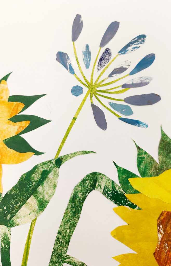 Detail of collage by Dehlia Barnard-Edmunds showing an agapanthus flower