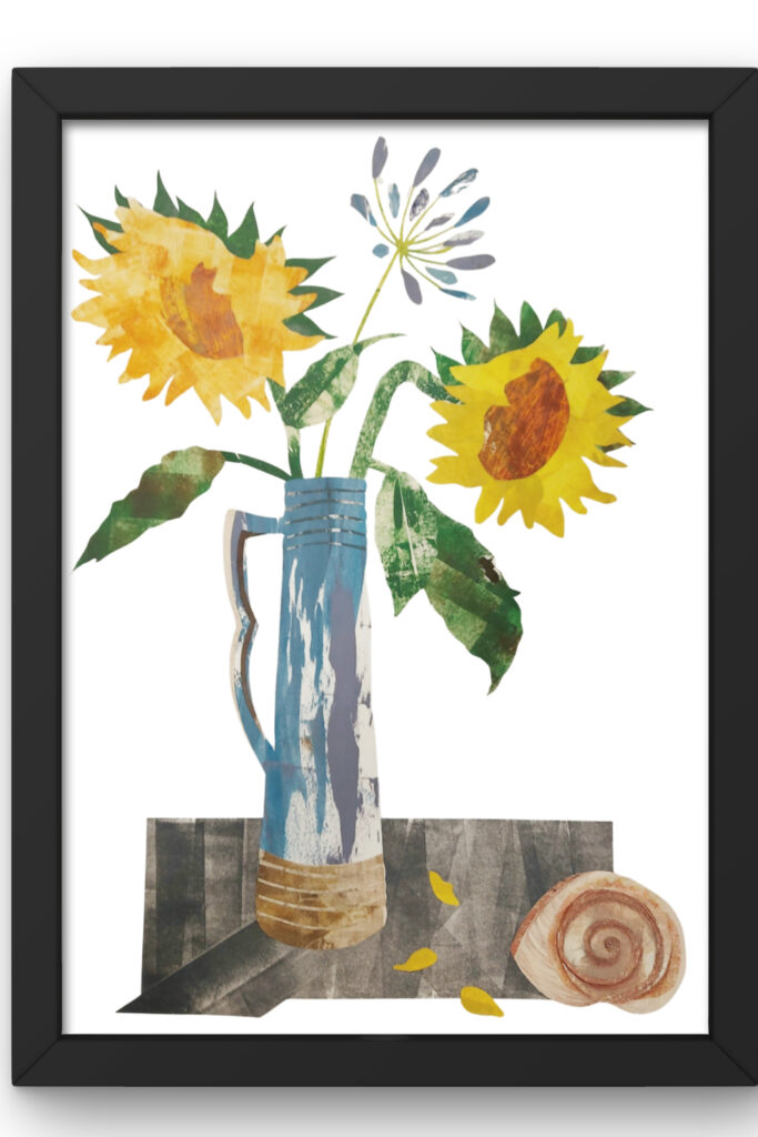 Sunflowers in Vintage Jug Collage Print - Paper Art Still Life