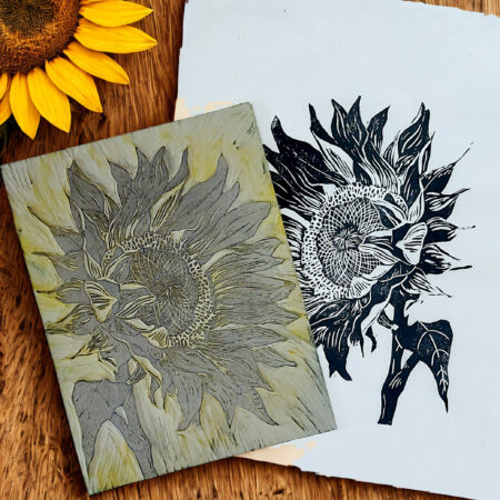 Lino printmaking workshop for beginners-Sunflower linocut print by Dehlia Barnard-Edmunds with lino plate and sunflower