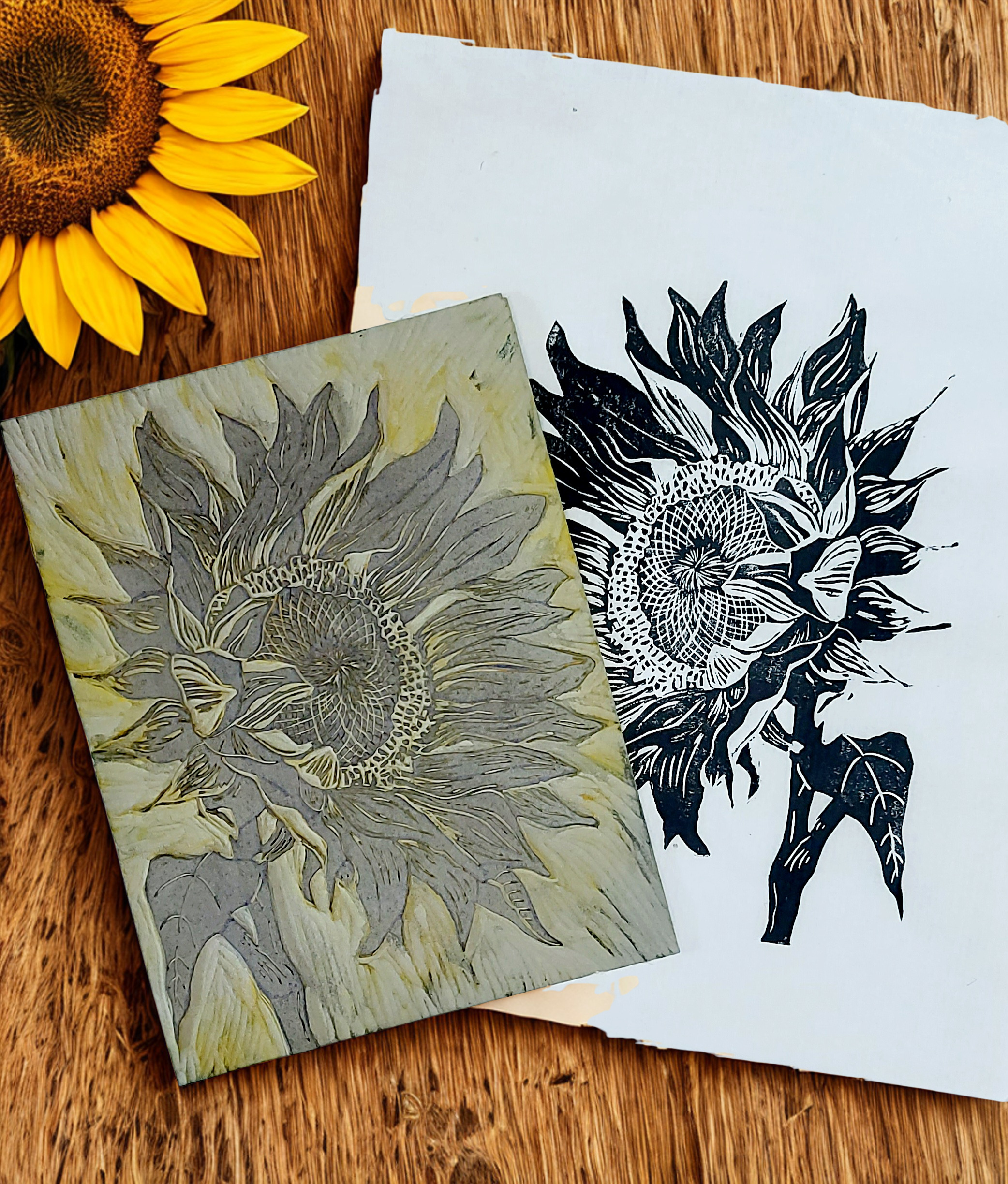 Hand-Carved Sunflower Linocut Print - Original Botanical Block Print in Black Ink - Image 2