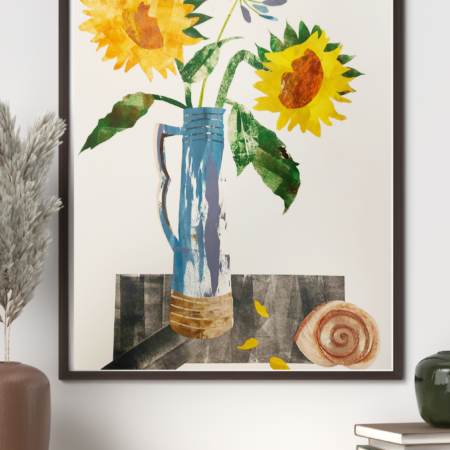 sunflowers collage print by Dehlia Barnard-Edmunds shown in a black frame on a shelf