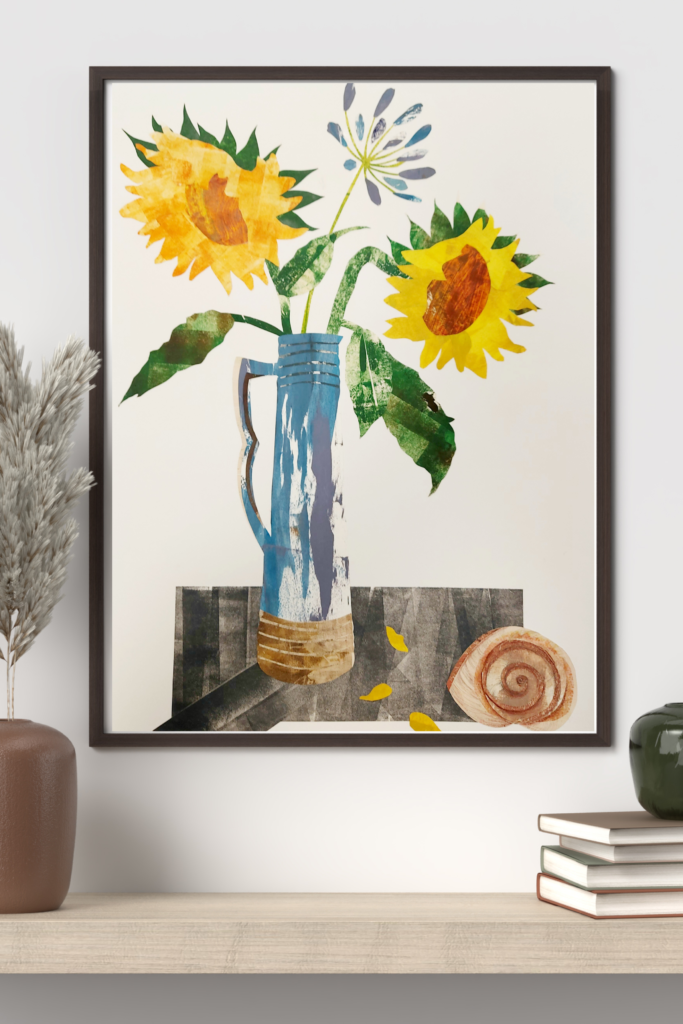 sunflower collage print by Dehlia Barnard-Edmunds shown in a black frame on a shelf