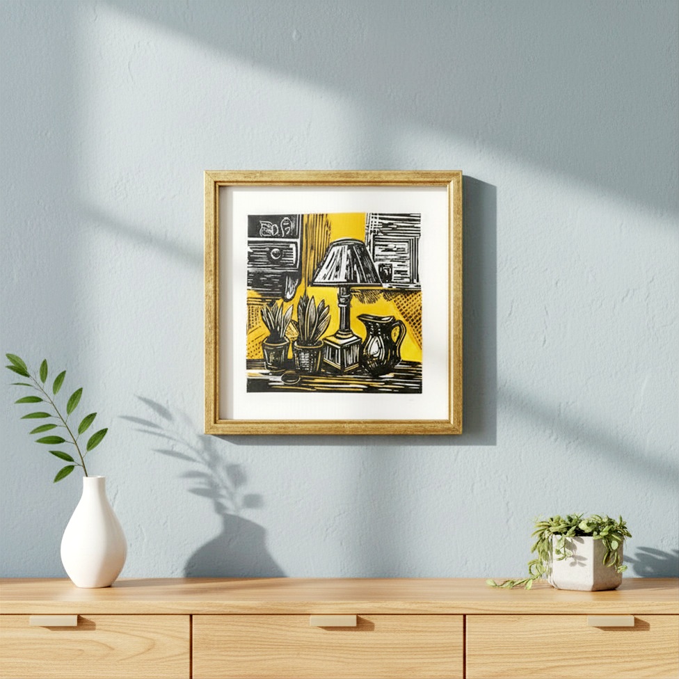 Small framed still life linocut print of lamp, plants and jug in yellow light by Dehlia Barnard-Edmunds