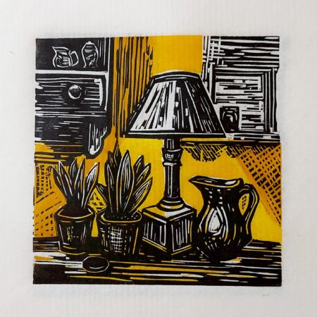 Multi block linocut printing workshop-Unframed original linocut print of still life arrangement with lamp, jug and plants in yellow lamplight by Dehlia Barnard-Edmunds