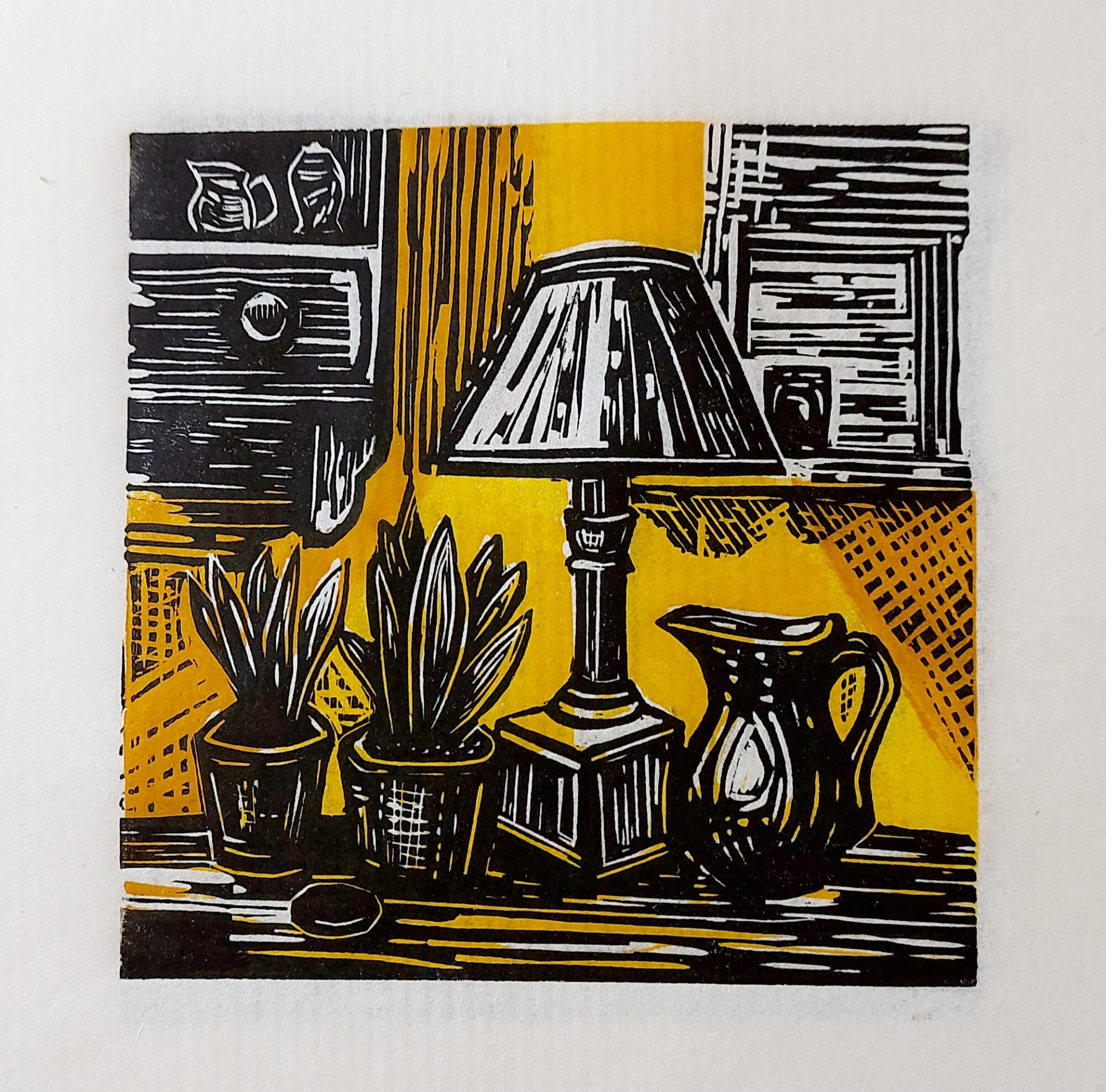 Multi block linocut printing workshop-Unframed original linocut print of still life arrangement with lamp, jug and plants in yellow lamplight by Dehlia Barnard-Edmunds