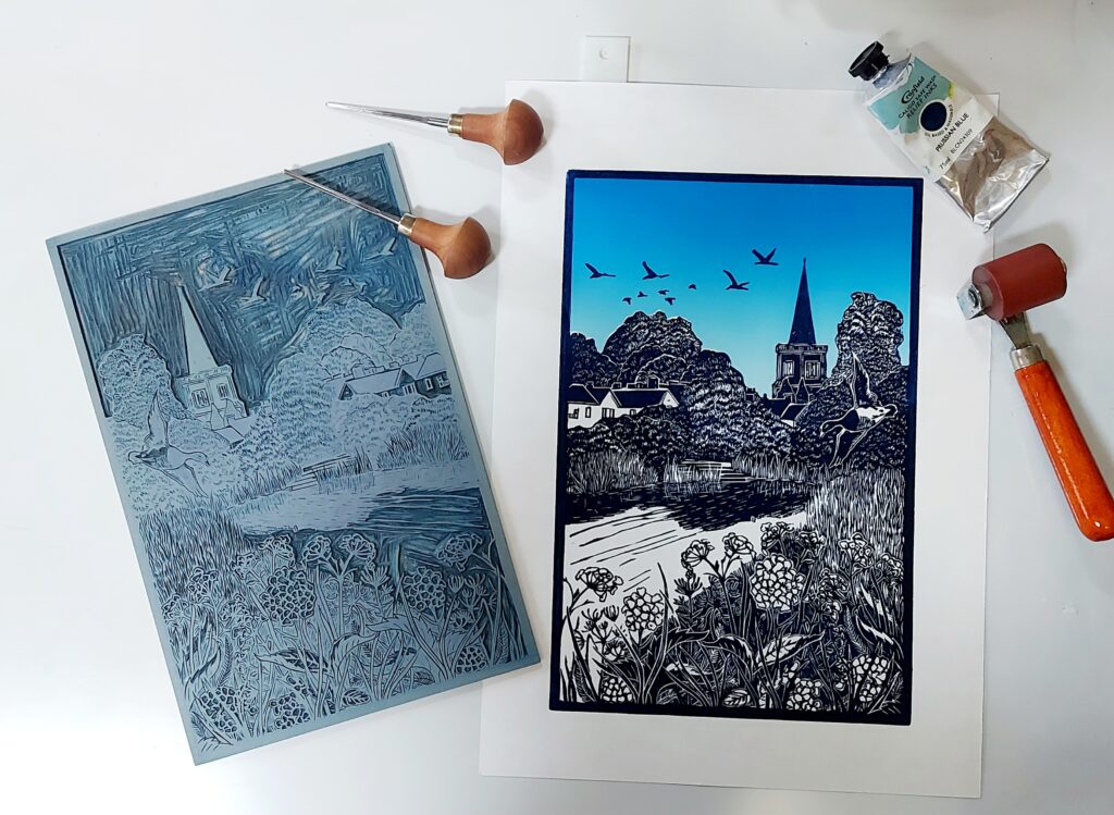 Multi block lino print limited edition of a riverside scene by printmaker Dehlia Barnard-Edmunds aka The Merryweather Artist