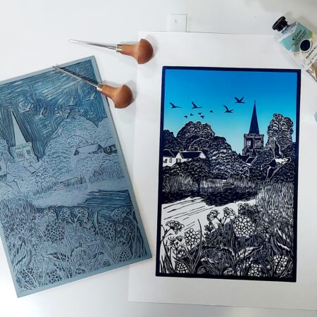 Multi block lino print limited edition of a riverside scene by printmaker Dehlia Barnard-Edmunds aka The Merryweather Artist