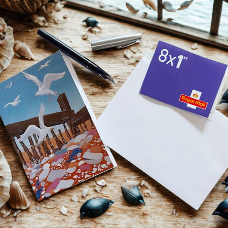 ea Fayre coastal greeting card reproduced from an original reduction lino print featuring seagulls, a seaside harbour and colourful rocks by Dehlia Barnard-Edmunds aka The merryweather Artist